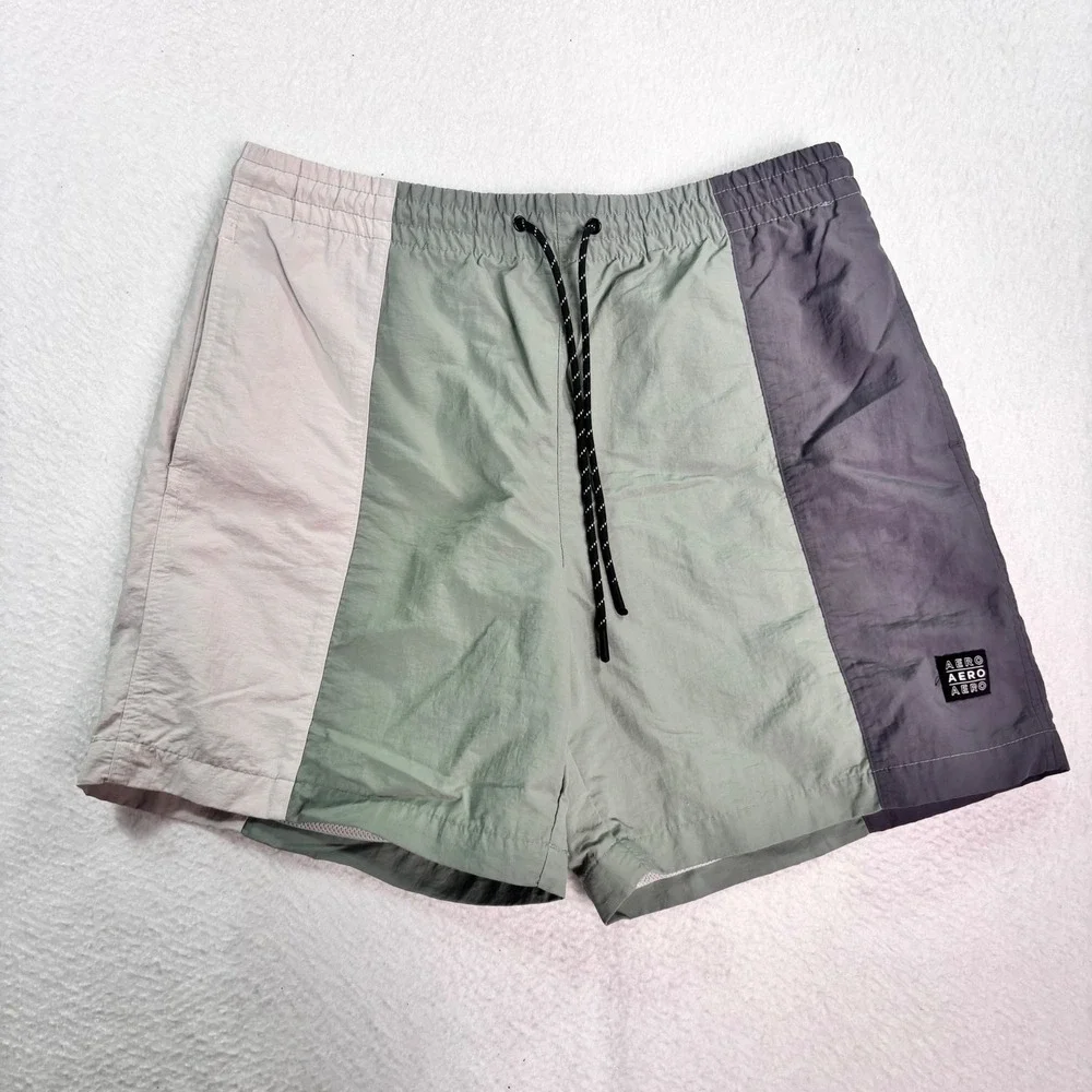 Aeropostale Color Block Swim Trunks Mens Medium Green Gray Lined Beach Shorts